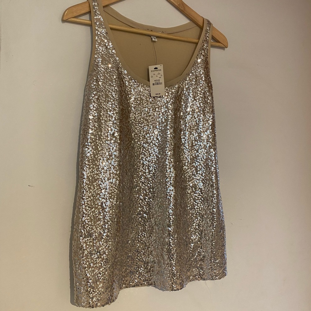 Perfect to party! Gorgeous gold sequined tissue-weight tank. Express, tags on